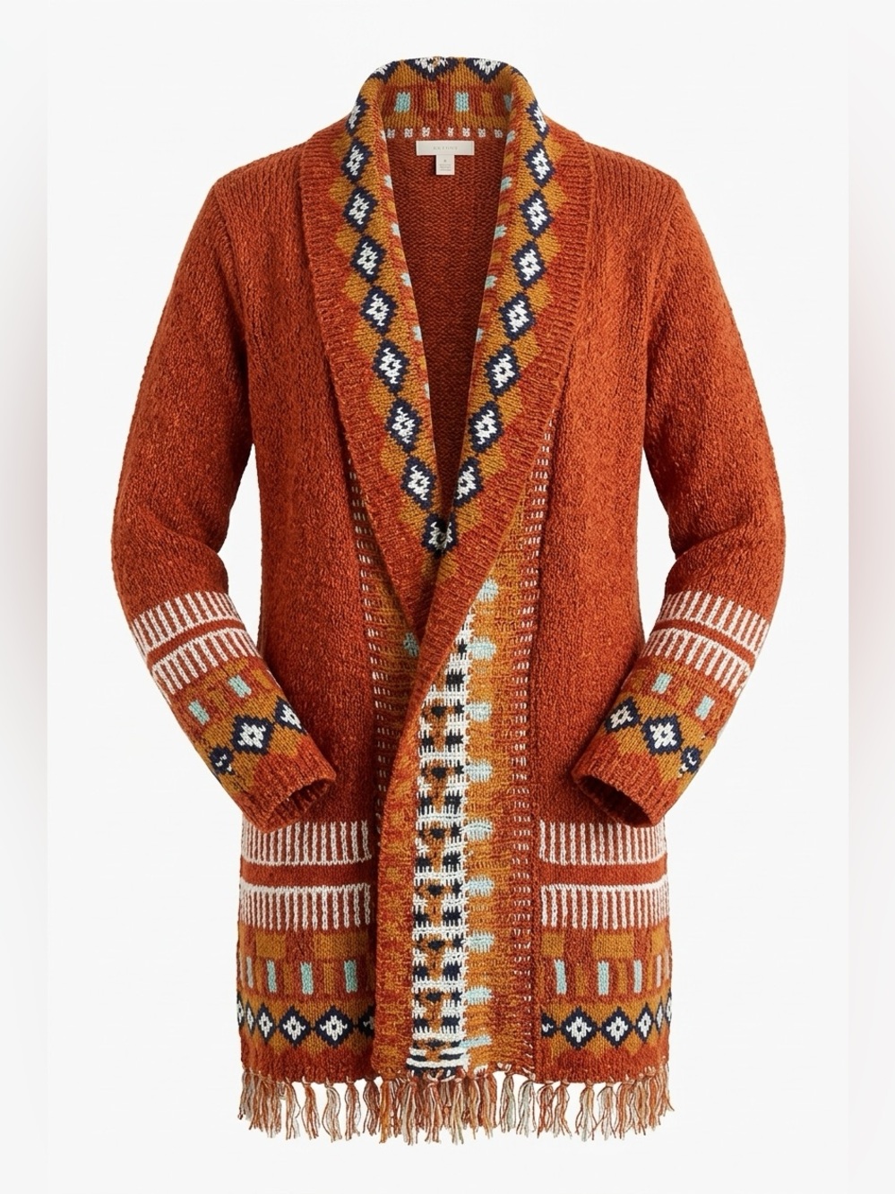 Tribal Rust Patterned Open-Front Bohemian Fringe Cardigan